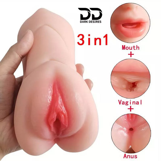 3 in 1 Realistic Tight Anus, Vagina & Mouth Pocket Pussy Masturbator Cup flesh Tone soft and elastic material India DarkDesires