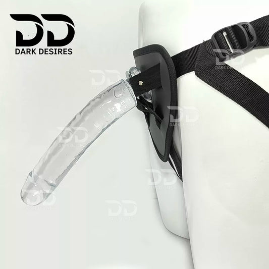 crystal clear Premium strap-on dildo made from soft, elastic jelly, with fine detailing along the shaft. It is 9 inches long with an 8 inch insertable length and a 5.5 inch girth, so it is a fuller,buy strapon dildo online in India with the harness included, this set gives you the dildo and an elastic adjustable harness Belt at DarkDesires