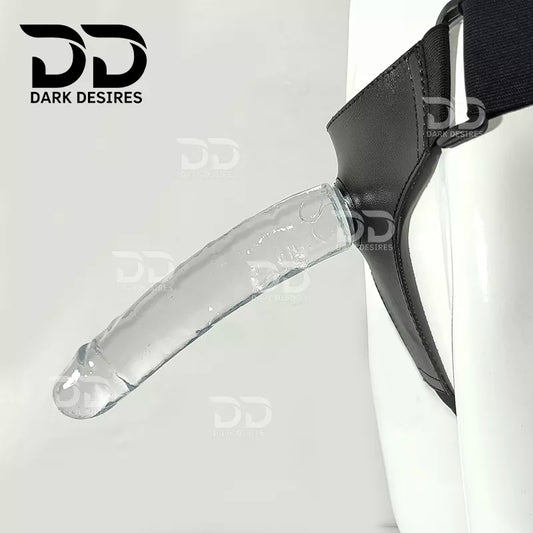 crystal clear strap-on dildo made from soft, elastic jelly, with fine detailing along the shaft. It is 9 inches long with an 8 inch insertable length and a 5.5 inch girth, so it is a fuller,buy strapon dildo online in India with the harness included, this set gives you the dildo and an elastic adjustable harness Belt at DarkDesires