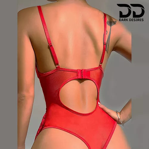 A woman shown from the back wearing a red sheer mesh one-piece lingerie bodysuit with thin shoulder straps, a large open cutout at the back, and a bow detail at the waist. The brand name 'DARK DESIRES' appears in the top right corner.