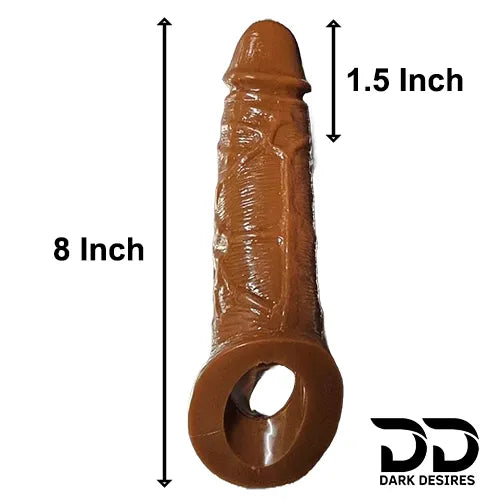 8 inch penis silicone girth enhancer sleeve with ball strap Brown Color India by DarkDesires