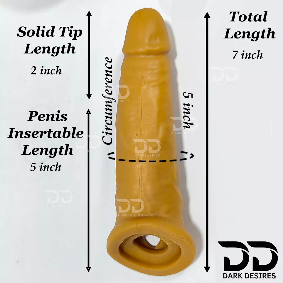 Length specification details , total length 7 inch, solid tip length 2 inch Penis insertable length 5 inch and Shaft circumference is 5 inch .7 inch double hole penis sleeve Beige color Silicon girth extender penis sleeve India cock sleeve india by DarkDesires penis sleeve in India