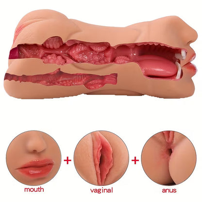 3 in 1 Realistic Pocket Pussy Tight Anus, Vagina & Mouth Masturbator Cup Skin Tone India DarkDesires