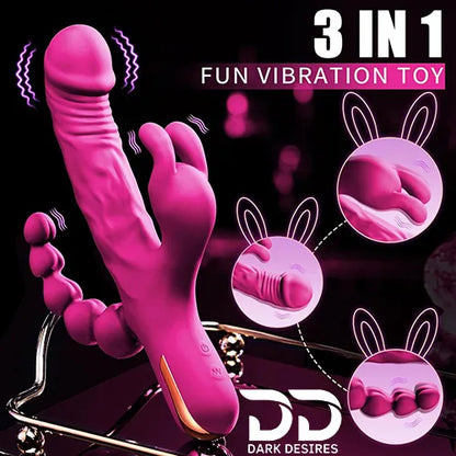 3 in 1 rabbit vibrator anal beads dildo 10 mode dual stimulation vibrator Pink Color India by DarkDesires