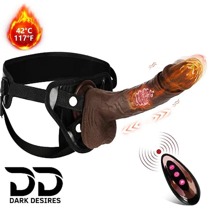 4-in-1 Remote Control 9 inch Strap-On Dildo Thrusting, Vibrating, swinging, Heating Massager Brown Tone India By DarkDesires