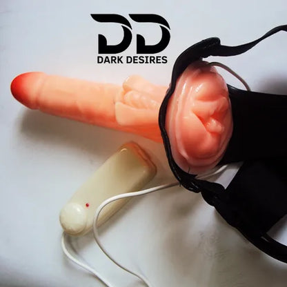 7 inch Realistic Vibrating Hollow Strap-on Dildo with Attached Vagina adjustable belt Flesh Tone in India by DarkDesires