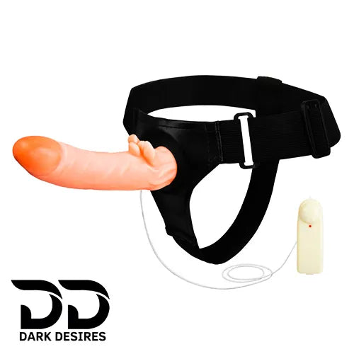 7 inch Realistic Vibrating Hollow Strap-on Dildo with Attached Vagina adjustable belt Flesh Tone in India by DarkDesires
