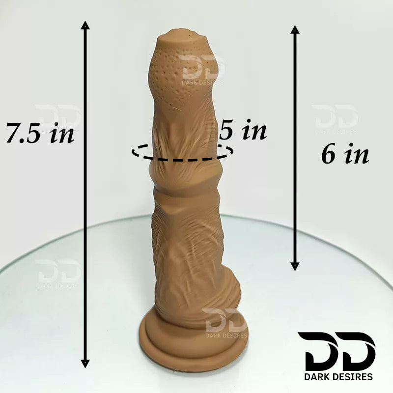 7.5 inch dildo with balls in a natural brown tone, with detailed veins along the shaft and a realistic tip. It has a 6 inch insertable length and a 5 inch girth. buy dildo online in India at DarkDesires