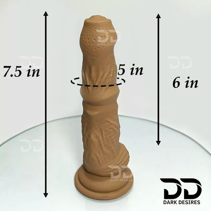 7.5 inch dildo with balls in a natural brown tone, with detailed veins along the shaft and a realistic tip. It has a 6 inch insertable length and a 5 inch girth. buy dildo online in India at DarkDesires
