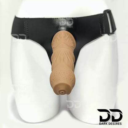 7.5 inch strap-on dildo with balls in a natural brown tone, with detailed veins along the shaft and a realistic tip. It has a 6 inch insertable length and a 5 inch girth. buy strapon dildo online in India with a harness included at DarkDesires