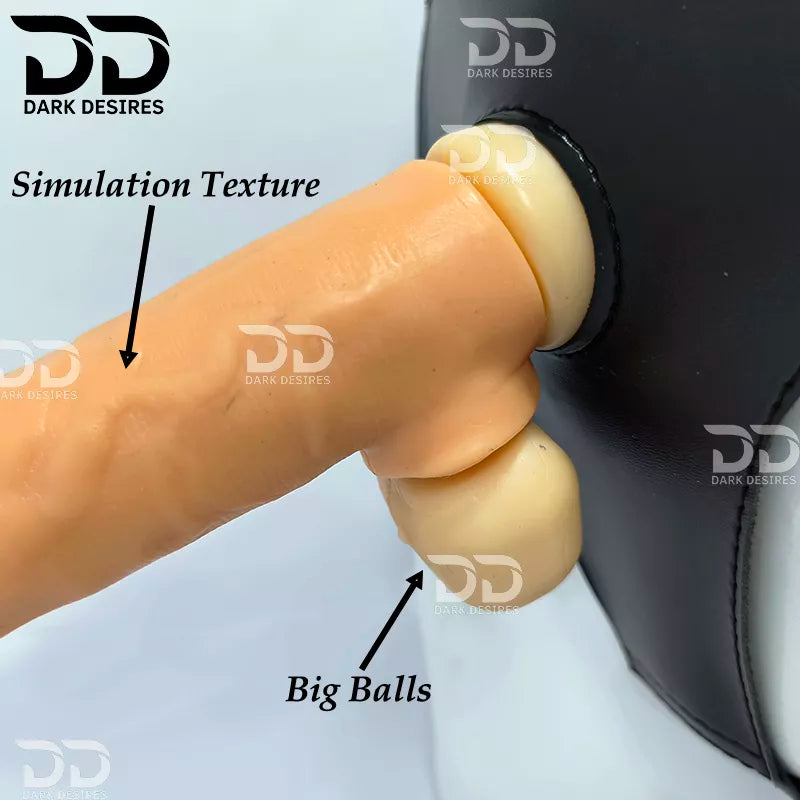 Close-up of a realistic dildo with a skin-toned simulated skin texture and  'Simulation Texture' and 'Big Balls'  realistic skin-toned dildo with a black harness-style base Black faux leather harness with an adjustable strap and a skin tone realistic dildo protruding from the front, displayed 7 inch realistic strapon dildo with adjustable harness kit for  for pegging . Lifelike veins, sculpted balls, skin tone, soft glans.  Black faux leather belt Sex Toys for Women in Mumbai India by DarkDesires