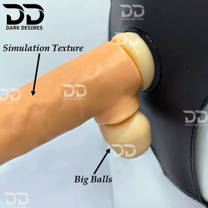 Close-up of a realistic dildo with a skin-toned simulated skin texture and  'Simulation Texture' and 'Big Balls'  realistic skin-toned dildo with a black harness-style base Black faux leather harness with an adjustable strap and a skin tone realistic dildo protruding from the front, displayed 7 inch realistic strapon dildo with adjustable harness kit for  for pegging . Lifelike veins, sculpted balls, skin tone, soft glans.  Black faux leather belt Sex Toys for Women in Mumbai India by DarkDesires