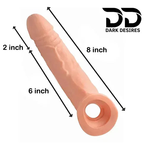 8 inch double hole penis sleeve silicone solid tip extender sleeve Flesh Color India DarkDesires