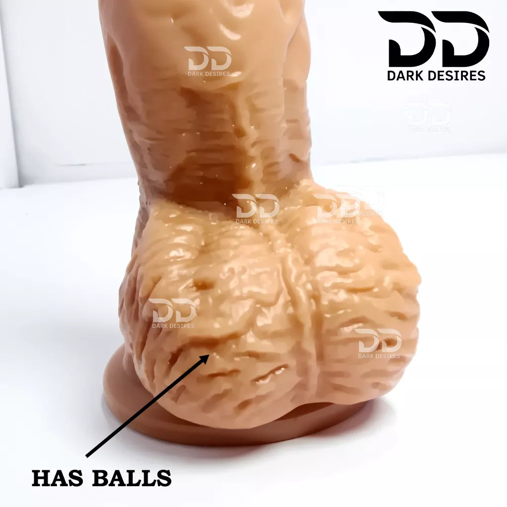 Mention balls with venis 8 inch realistic strap-on dildo with adjustable harness kit for  for pegging . Lifelike veins, sculpted balls, brown tone, soft.  Black faux leather belt Sex Toys for Women in Mumbai India by DarkDesires