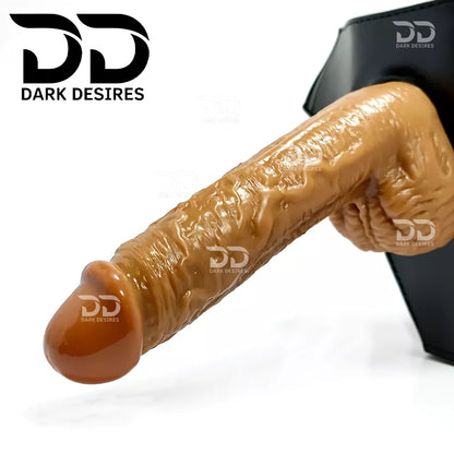 8 inch realistic strap-on dildo with adjustable harness kit for  for pegging . Lifelike veins, sculpted balls, brown tone, soft.  Black faux leather belt Sex Toys for Women in Mumbai India by DarkDesires