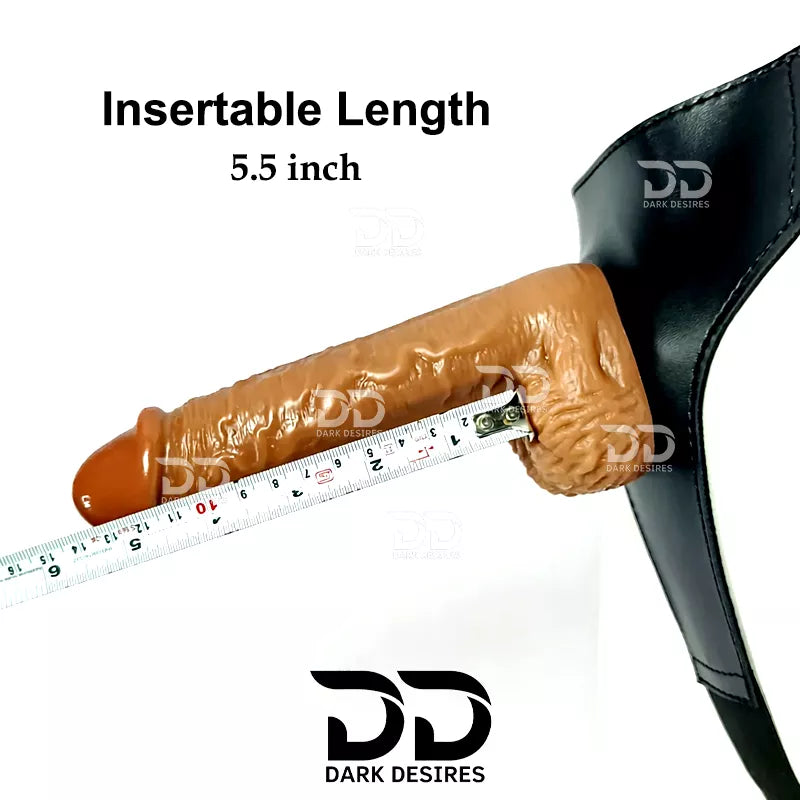  a tape measure to demonstrate its 5.5 inch insertable length 8 inch realistic strap-on dildo with adjustable harness kit for  for pegging . Lifelike veins, sculpted balls, brown tone, soft.  Black faux leather belt Sex Toys for Women in Mumbai India by DarkDesires