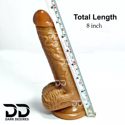  a metal tape measure running along its length to indicate Total Length 8 inch realistic strap-on dildo with adjustable harness kit for  for pegging . Lifelike veins, sculpted balls, brown tone, soft.  Black faux leather belt Sex Toys for Women in Mumbai India by DarkDesires