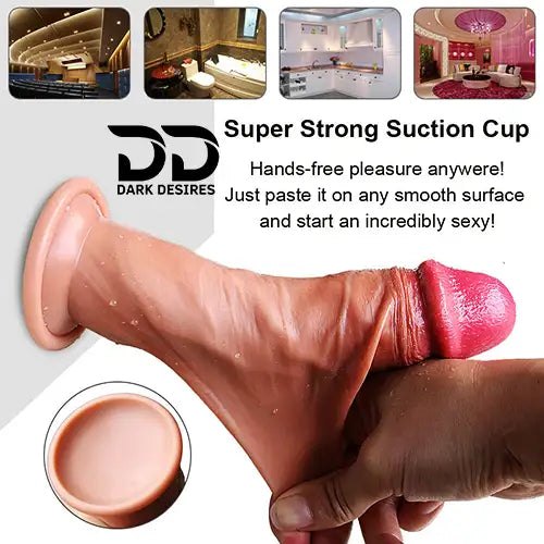 8 Inch Realistic Sliding Skin Strap-On Dildo Suction Cup Base Without Balls Skin Tone India by DarkDesires