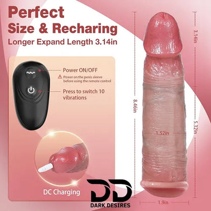 9 inch vibrating realastic penis sleeve remote control 10 modes silicon girth extender Skin Tone India by DarkDesires.in
