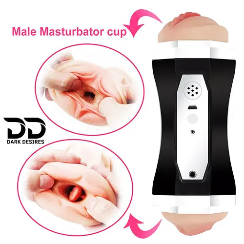 Automatic Male Masturbator 2 in 1 Realistic Vagina and Mouth Vibration and Sucking Pocket Pussy Male Stroker Black India By DarkDesires