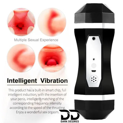 Automatic Male Masturbator 2 in 1 Realistic Vagina and Mouth Vibration and Sucking Pocket Pussy Male Stroker Black India By DarkDesires