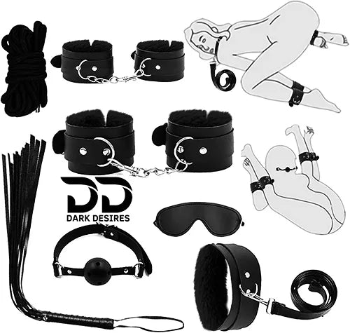 BDSM Couple 7 piece black bondage roleplay set India by Darkdesires