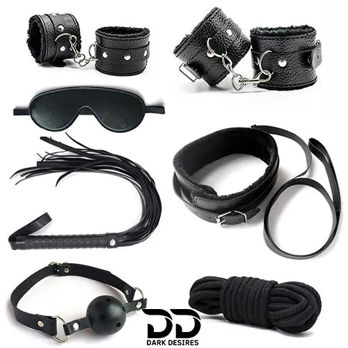 BDSM Couple 7 piece black bondage roleplay set India by Darkdesires