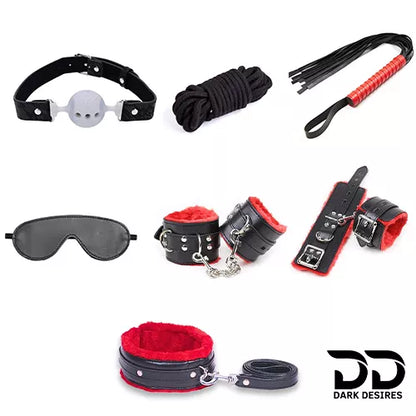 BDSM Couple 7 piece black & red color bondage roleplay set India by Darkdesires.in