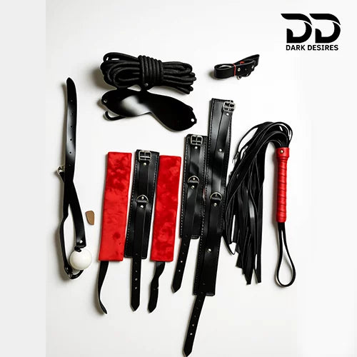 BDSM Couple 7 piece black & red color bondage roleplay set India by Darkdesires.in