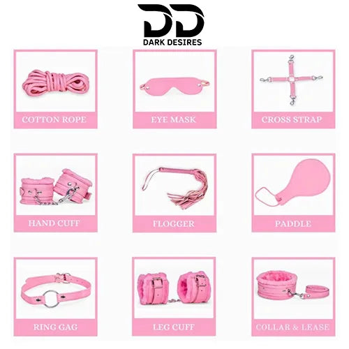 Collection of pink items including a cotton rope, eye mask, cross strap, hand cuff, flogger, paddle, ring gag, leg cuff, and collar & leash with BDSM Couple 9 piece red bondage roleplay set India by Darkdesires
