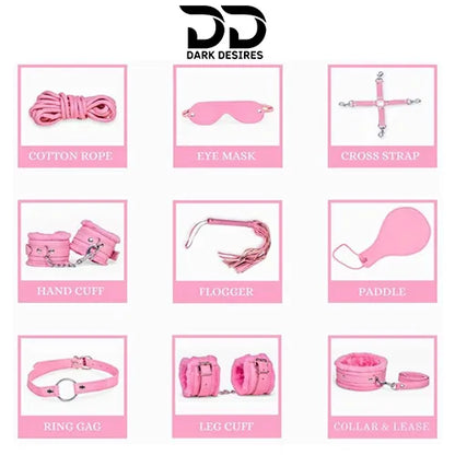 Collection of pink items including a cotton rope, eye mask, cross strap, hand cuff, flogger, paddle, ring gag, leg cuff, and collar & leash with BDSM Couple 9 piece red bondage roleplay set India by Darkdesires