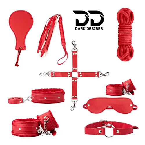 Collection of red items including a cotton rope, eye mask, cross strap, hand cuff, flogger, paddle, ring gag, leg cuff, and collar & leash with BDSM Couple 9 piece red bondage roleplay set India by Darkdesires