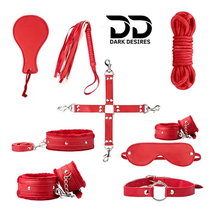 Collection of red items including a cotton rope, eye mask, cross strap, hand cuff, flogger, paddle, ring gag, leg cuff, and collar & leash with BDSM Couple 9 piece red bondage roleplay set India by Darkdesires