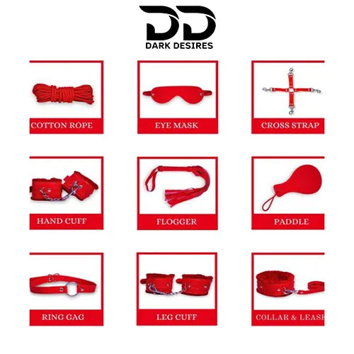 Collection of red items including a cotton rope, eye mask, cross strap, hand cuff, flogger, paddle, ring gag, leg cuff, and collar & leash with BDSM Couple 9 piece red bondage roleplay set India by Darkdesires