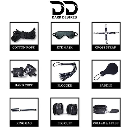 Collection of black items including a cotton rope, eye mask, cross strap, hand cuff, flogger, paddle, ring gag, leg cuff, and collar & leash with BDSM Couple 9 piece red bondage roleplay set India by Darkdesires
