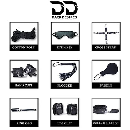 Collection of black items including a cotton rope, eye mask, cross strap, hand cuff, flogger, paddle, ring gag, leg cuff, and collar & leash with BDSM Couple 9 piece red bondage roleplay set India by Darkdesires