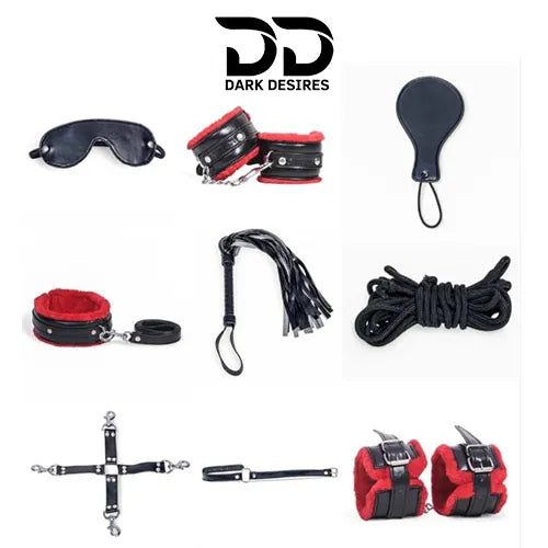 Collection of mix black & red items including a cotton rope, eye mask, cross strap, hand cuff, flogger, paddle, ring gag, leg cuff, and collar & leash with BDSM Couple 9 piece red bondage roleplay set India by Darkdesires