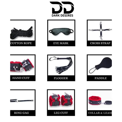 Collection of mix black & red items including a cotton rope, eye mask, cross strap, hand cuff, flogger, paddle, ring gag, leg cuff, and collar & leash with BDSM Couple 9 piece red bondage roleplay set India by Darkdesires