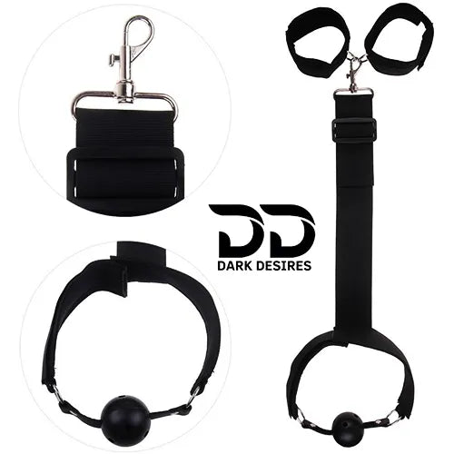 BDSM Bondage Restraint Kit  Ball Gag Breathable, Wrist Cuffs & Collar couple Set black Color india By DarkDesires
