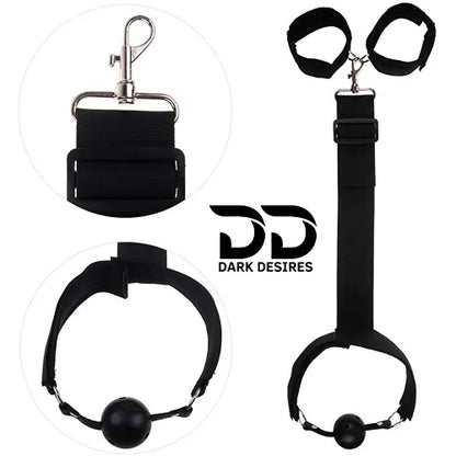 BDSM Bondage Restraint Kit  Ball Gag Breathable, Wrist Cuffs & Collar couple Set black Color india By DarkDesires