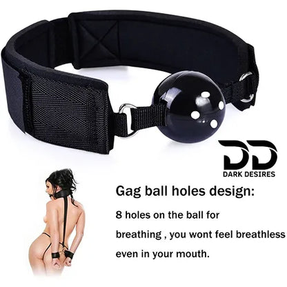 BDSM Bondage Restraint Kit  Ball Gag Breathable, Wrist Cuffs & Collar couple Set black Color india By DarkDesires