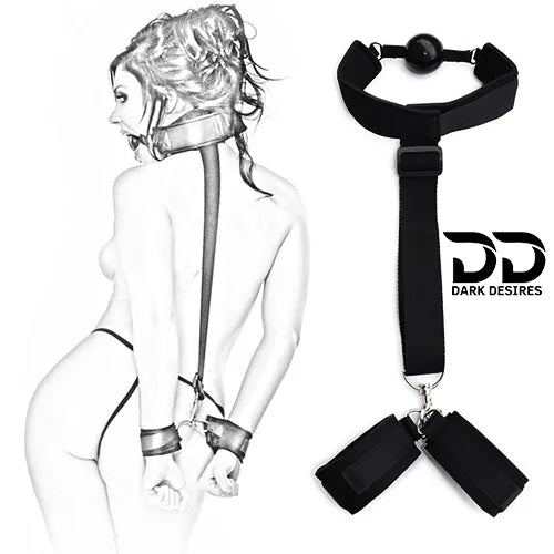 BDSM Bondage Restraint Kit  Ball Gag Breathable, Wrist Cuffs & Collar couple Set black Color india By DarkDesires