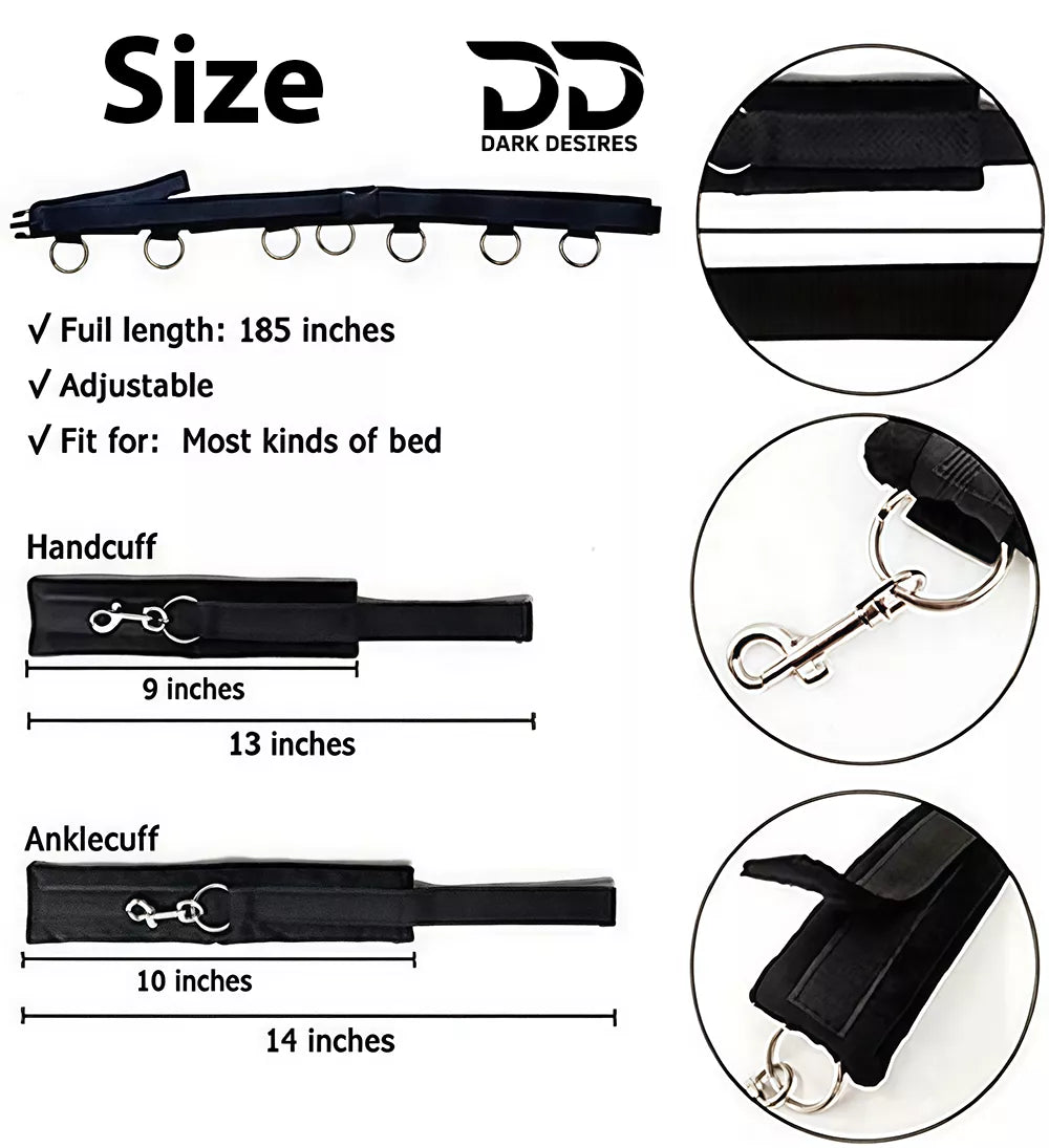 Bed Bondage Restraints Set Adult Toys Cuffs for Ankles and Hands Bed Restraint Strap Bondaged Bed Tie Downs for Bedroom Mattress Tie Down Straps for Bed Sex Accessories for Adults Couples for DarkDesires Black color