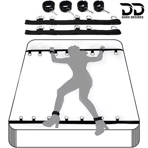Bed Bondage Restraints Set Adult Toys Cuffs for Ankles and Hands Bed Restraint Strap Bondaged Bed Tie Downs for Bedroom Mattress Tie Down Straps for Bed Sex Accessories for Adults Couples for DarkDesires Black color