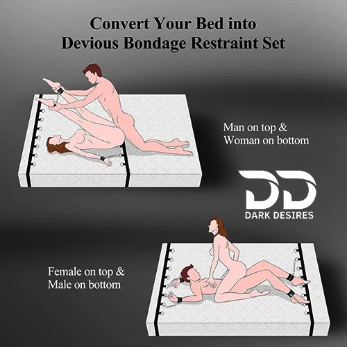 Bed Bondage Restraints Set Adult Toys Cuffs for Ankles and Hands Bed Restraint Strap Bondaged Bed Tie Downs for Bedroom Mattress Tie Down Straps for Bed Sex Accessories for Adults Couples for DarkDesires Black color
