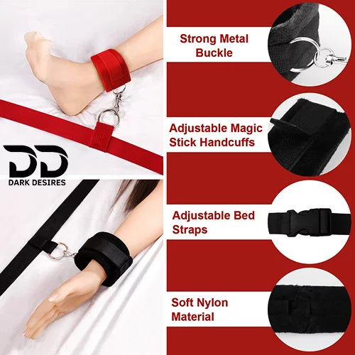 Bed Bondage Restraints Set Adult Toys Cuffs for Ankles and Hands Bed Restraint Strap Bondaged Bed Tie Downs for Bedroom Mattress Tie Down Straps for Bed Sex Accessories for Adults Couples for DarkDesires Black color