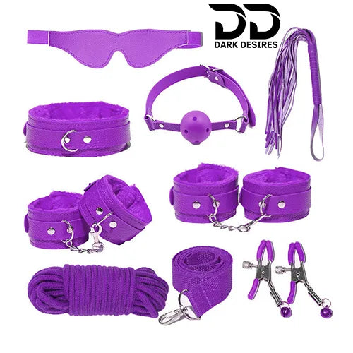 Collection of BDSM Purple items including a cotton rope, eye mask, nipple clamp, hand cuff, paddle, mouth ball gag, leg cuff, and collar & leash with BDSM Couple 9 piece purple bondage roleplay set India by Darkdesires