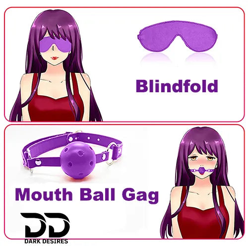 Collection of BDSM Purple items including a cotton rope, eye mask, nipple clamp, hand cuff, paddle, mouth ball gag, leg cuff, and collar & leash with BDSM Couple 9 piece purple bondage roleplay set India by Darkdesires