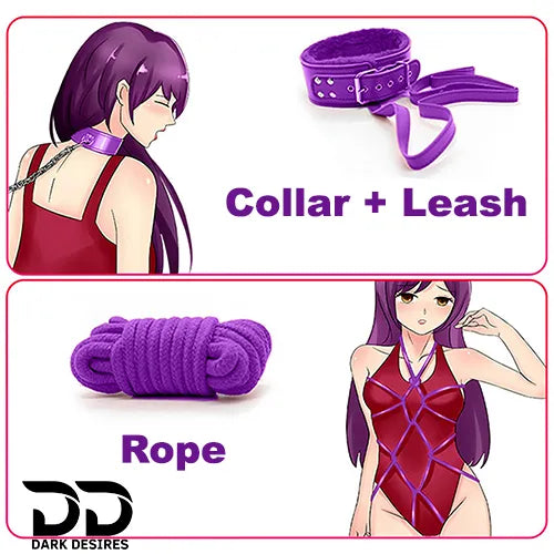 Collection of BDSM Purple items including a cotton rope, eye mask, nipple clamp, hand cuff, paddle, mouth ball gag, leg cuff, and collar & leash with BDSM Couple 9 piece purple bondage roleplay set India by Darkdesires