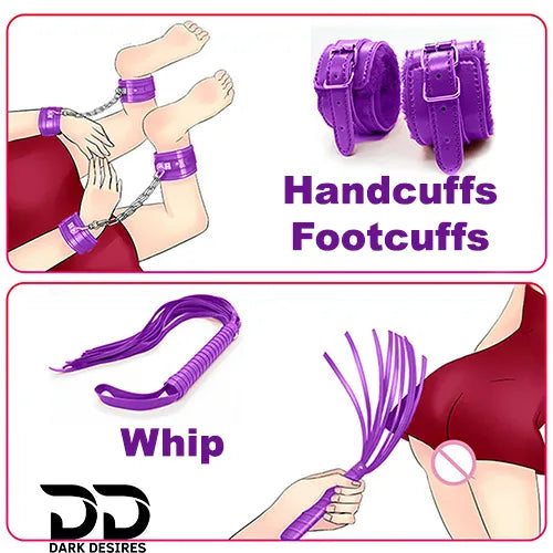 Collection of BDSM Purple items including a cotton rope, eye mask, nipple clamp, hand cuff, paddle, mouth ball gag, leg cuff, and collar & leash with BDSM Couple 9 piece purple bondage roleplay set India by Darkdesires